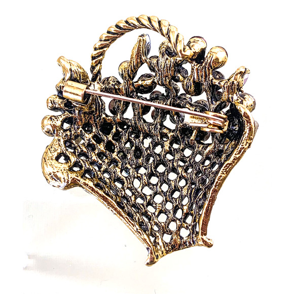 Super Sparkly Basket Full of Flowers Brooch/ Pin, Multicolored Rhinestones - NEW - Picture 3 of 5